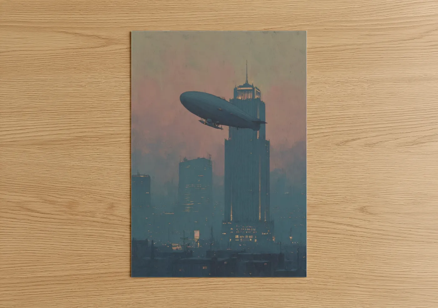 Retro Airship Over City Skyline Wall Art
