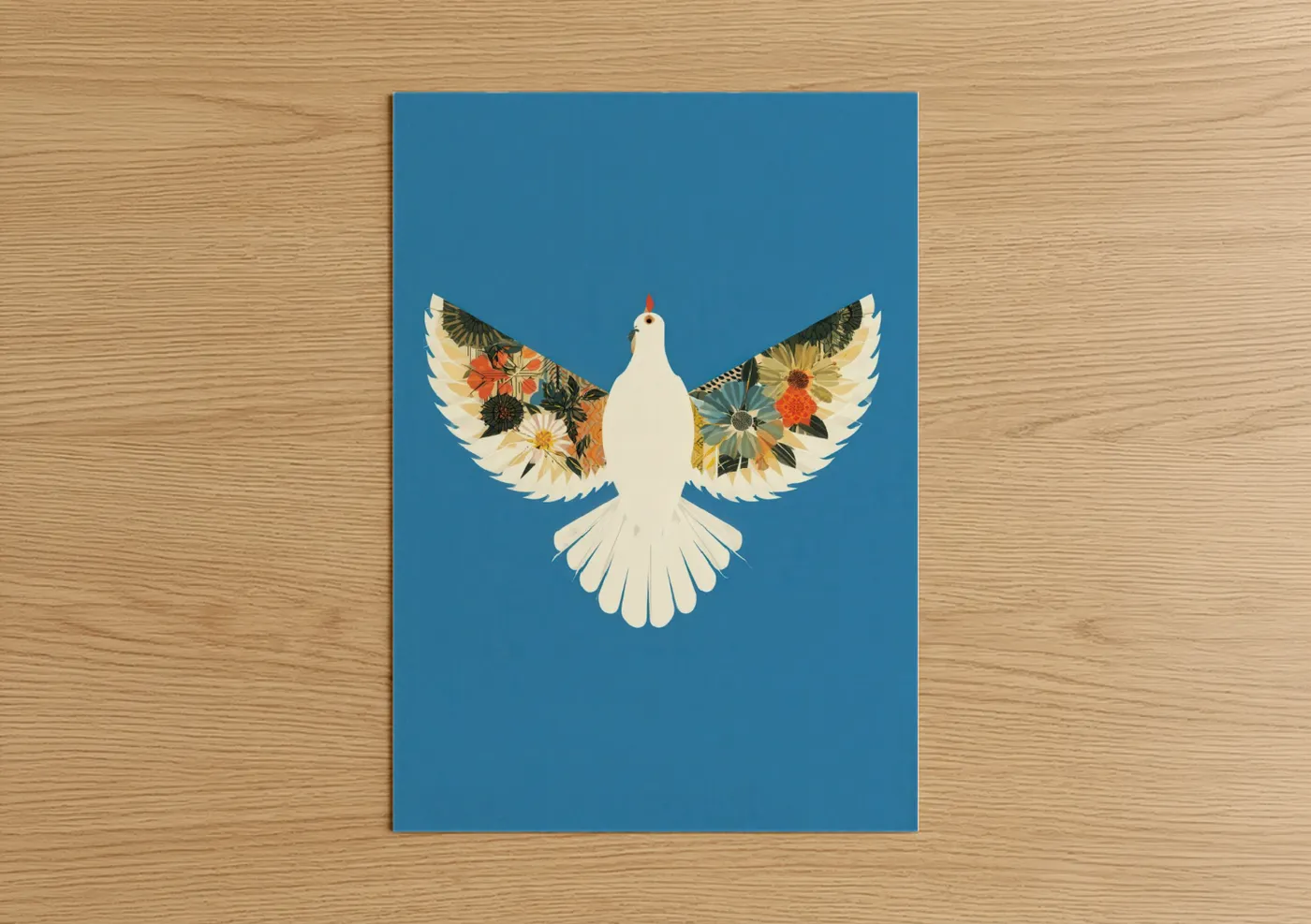 Art print on warm oak wood — blue and gold palette — Floral Dove Peace poster
