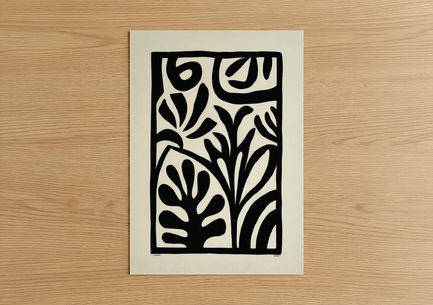 Abstract minimalist art print on warm oak wood — black and white palette — Organic Composition poster