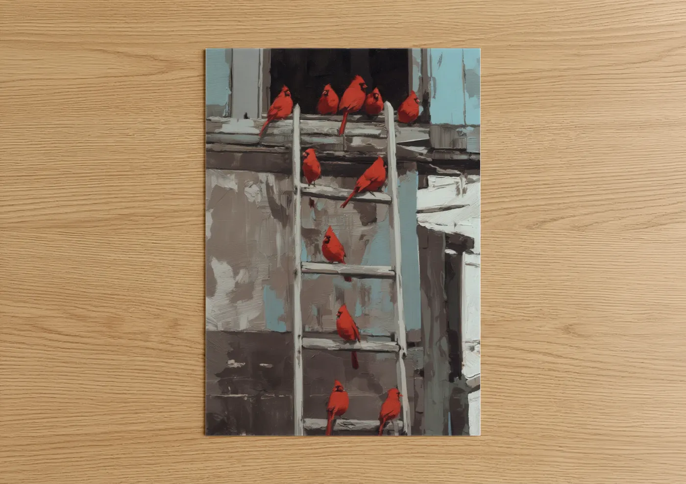 Art print on warm oak wood — red and white palette — Cardinal Gathering poster