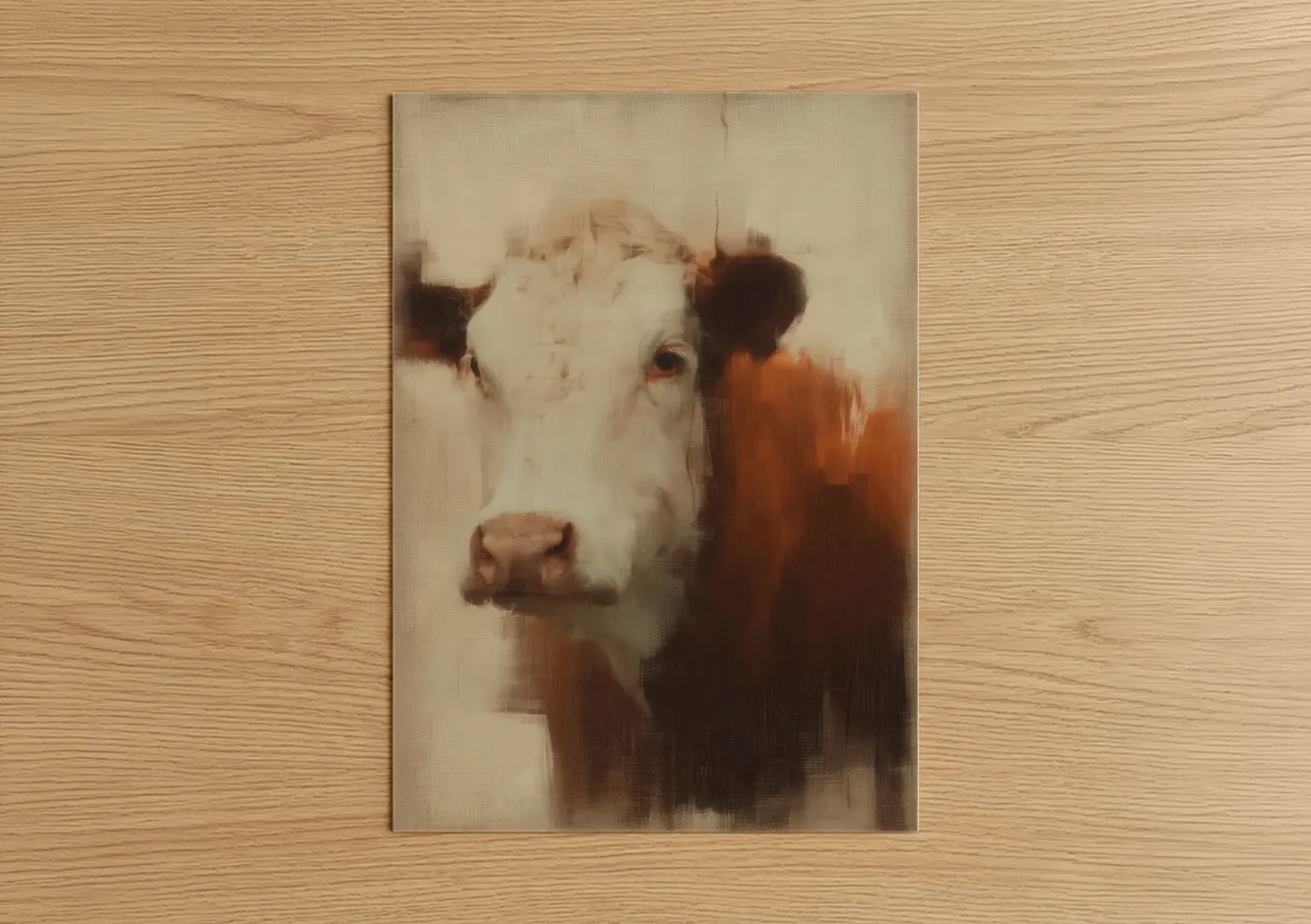 Art print on warm oak wood — cream and russet palette — Gentle Jersey Cow poster
