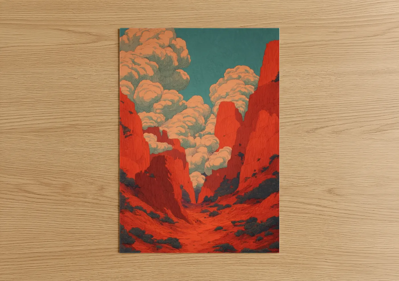 Art print on warm oak wood — red and orange palette — Crimson Canyon Vista poster
