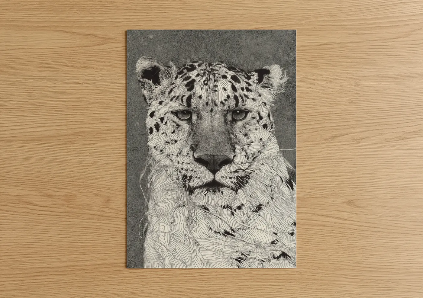 Art print on warm oak wood — black and white and gray palette — Intricate Leopard poster