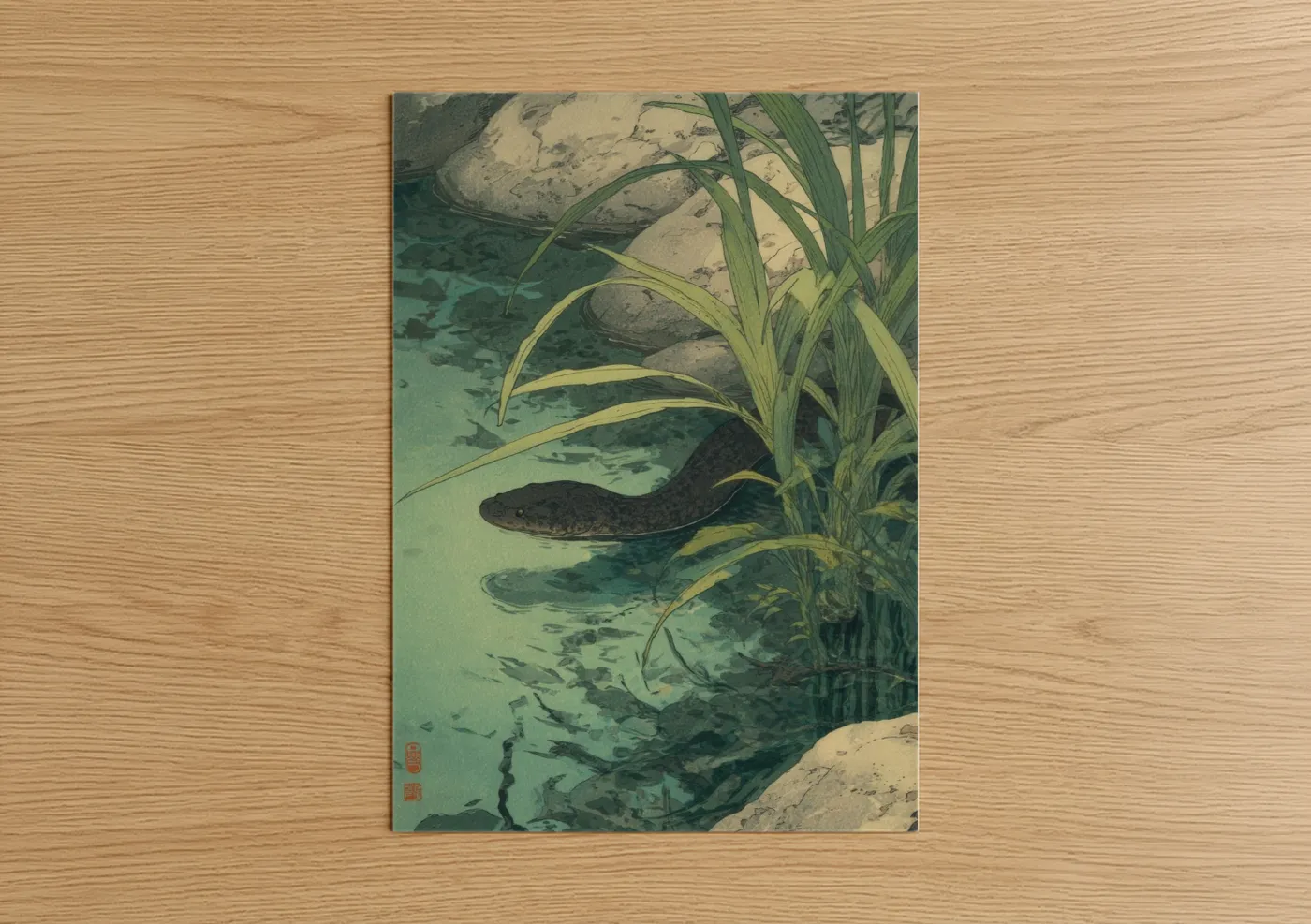 Eels art print on warm oak wood — teal and sage green palette — Riverside Eel poster