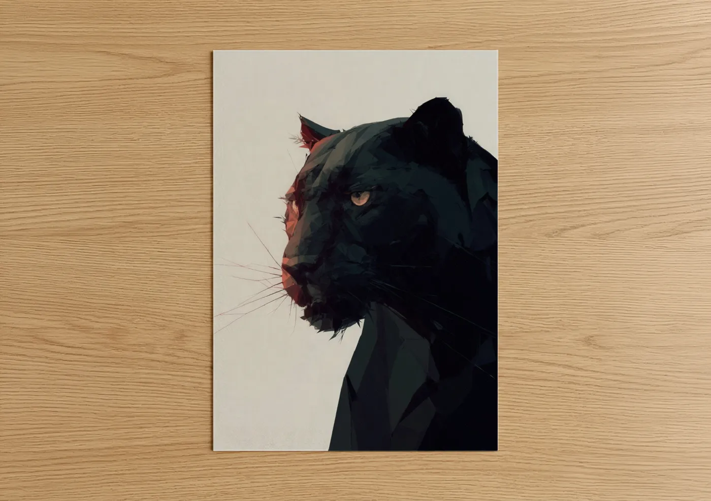 Art print on warm oak wood — black and russet palette — Shadowed Panther poster