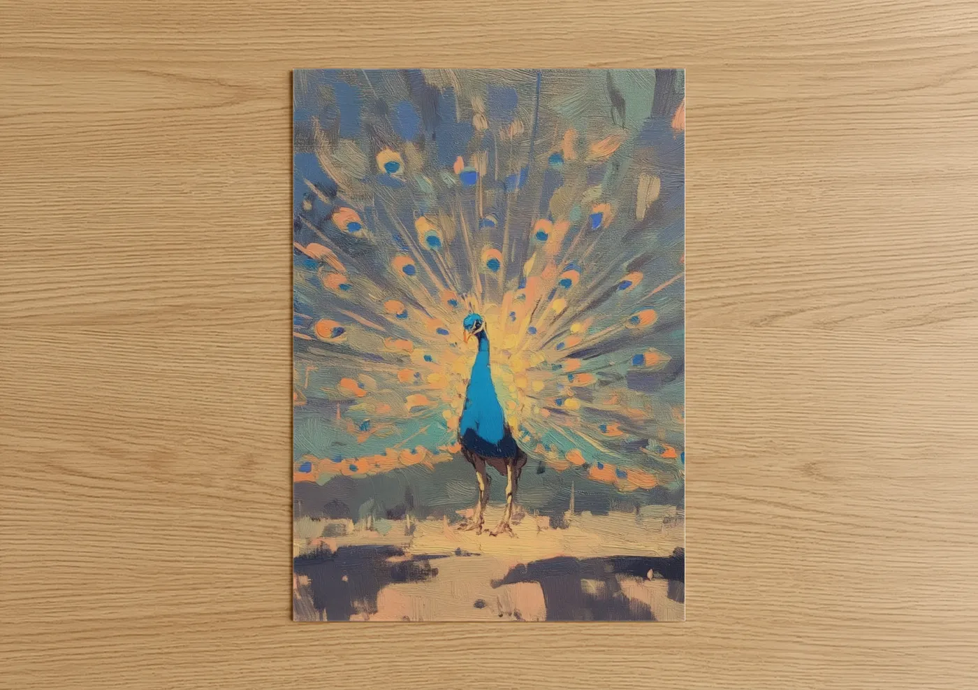 Golden Peacock with Blue Head Oil Painting Wall Art