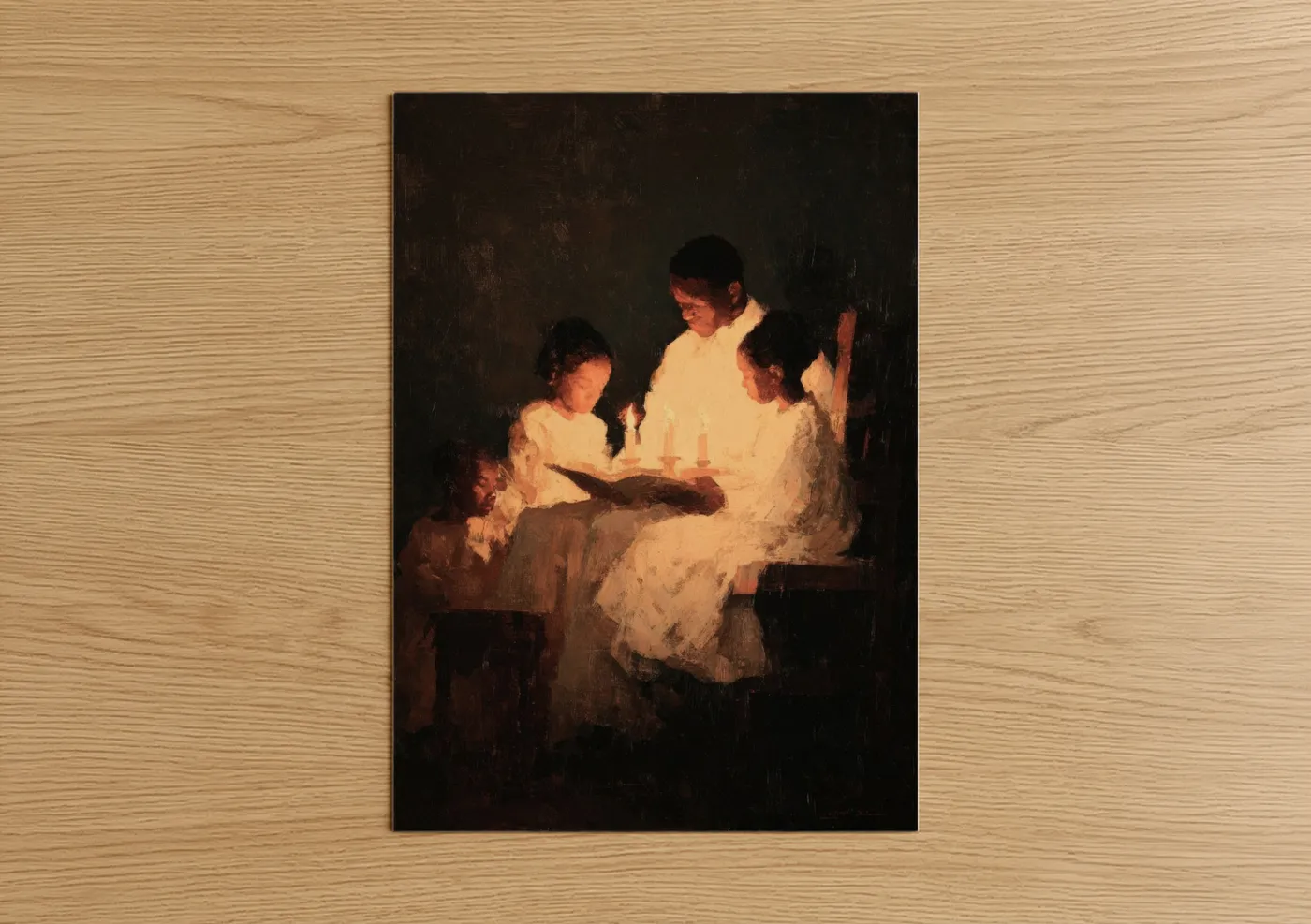 Juneteenth art print on warm oak wood — gold and black palette — Candlelit Reading poster