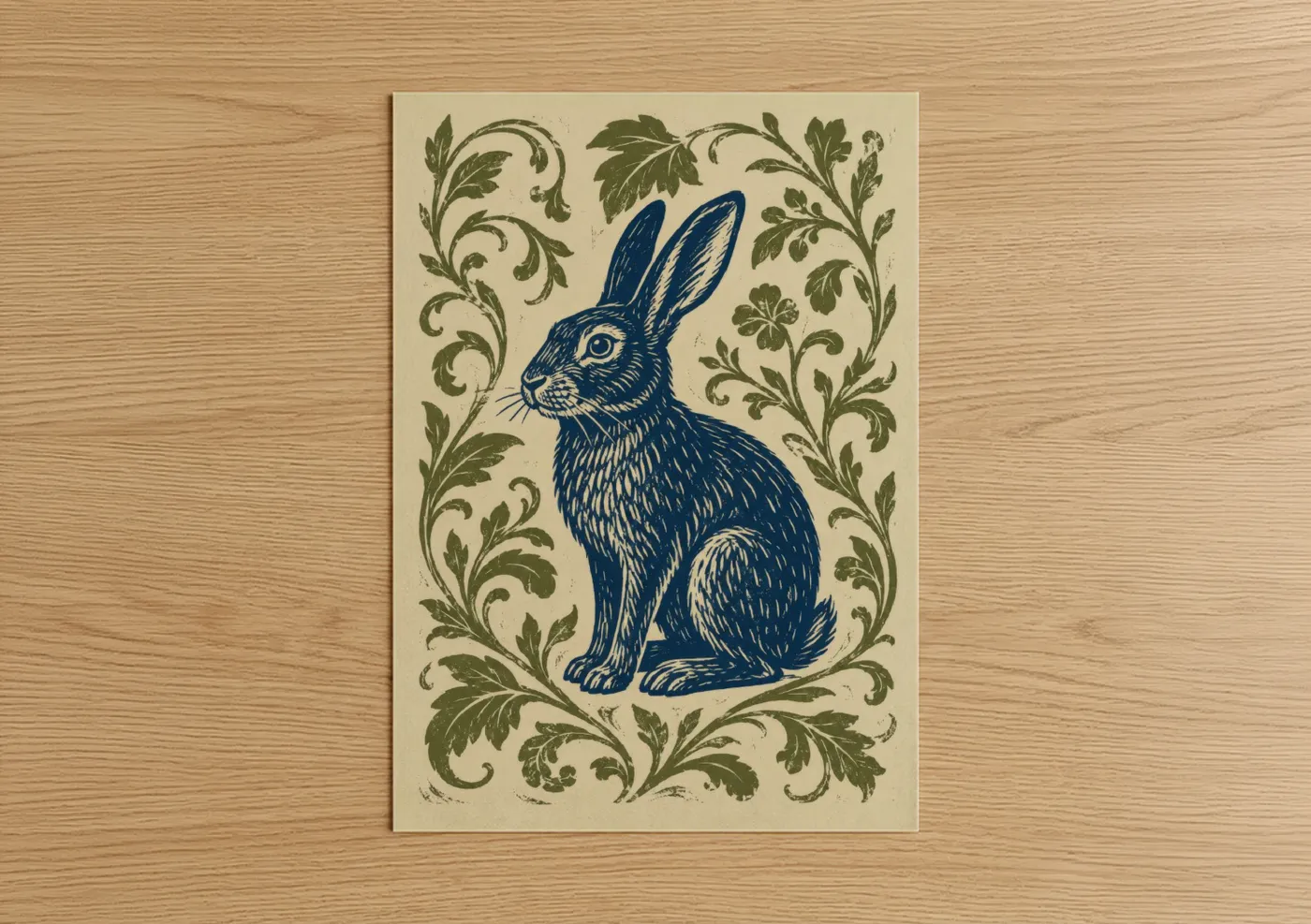 Art print on warm oak wood — blue and olive palette — Blue Rabbit Botanical Wall Art poster