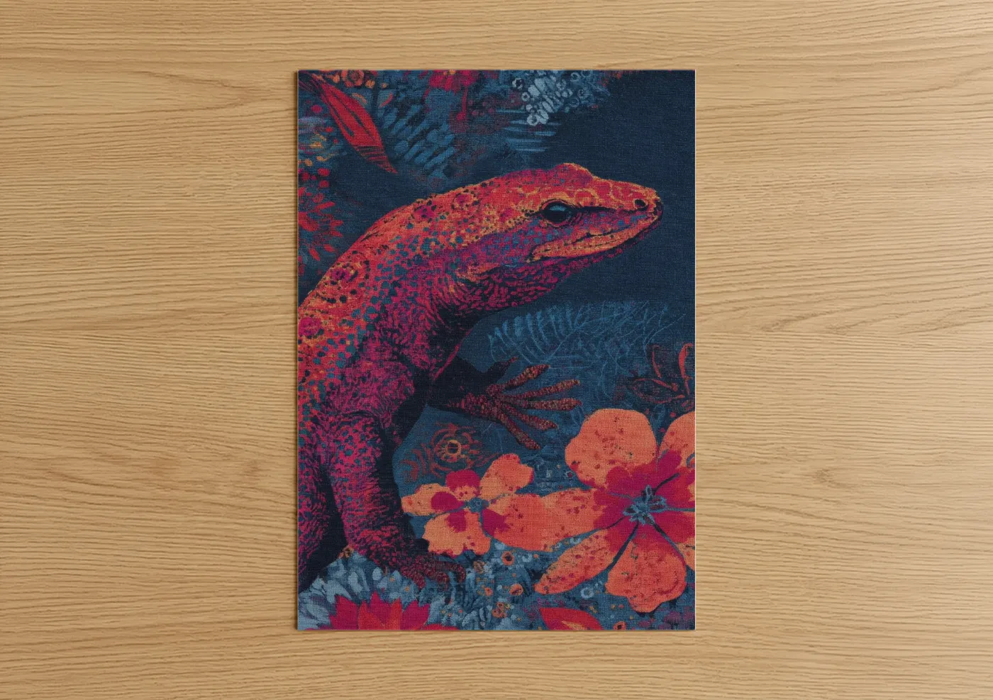 Art print on warm oak wood — magenta and orange palette — Crimson Garden Lizard poster