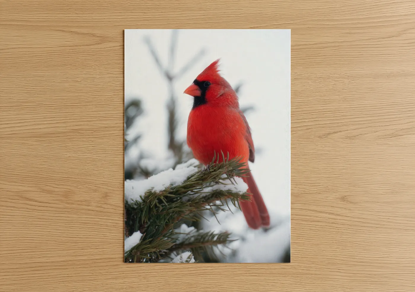 Art print on warm oak wood — red and white palette — Snowy Cardinal poster