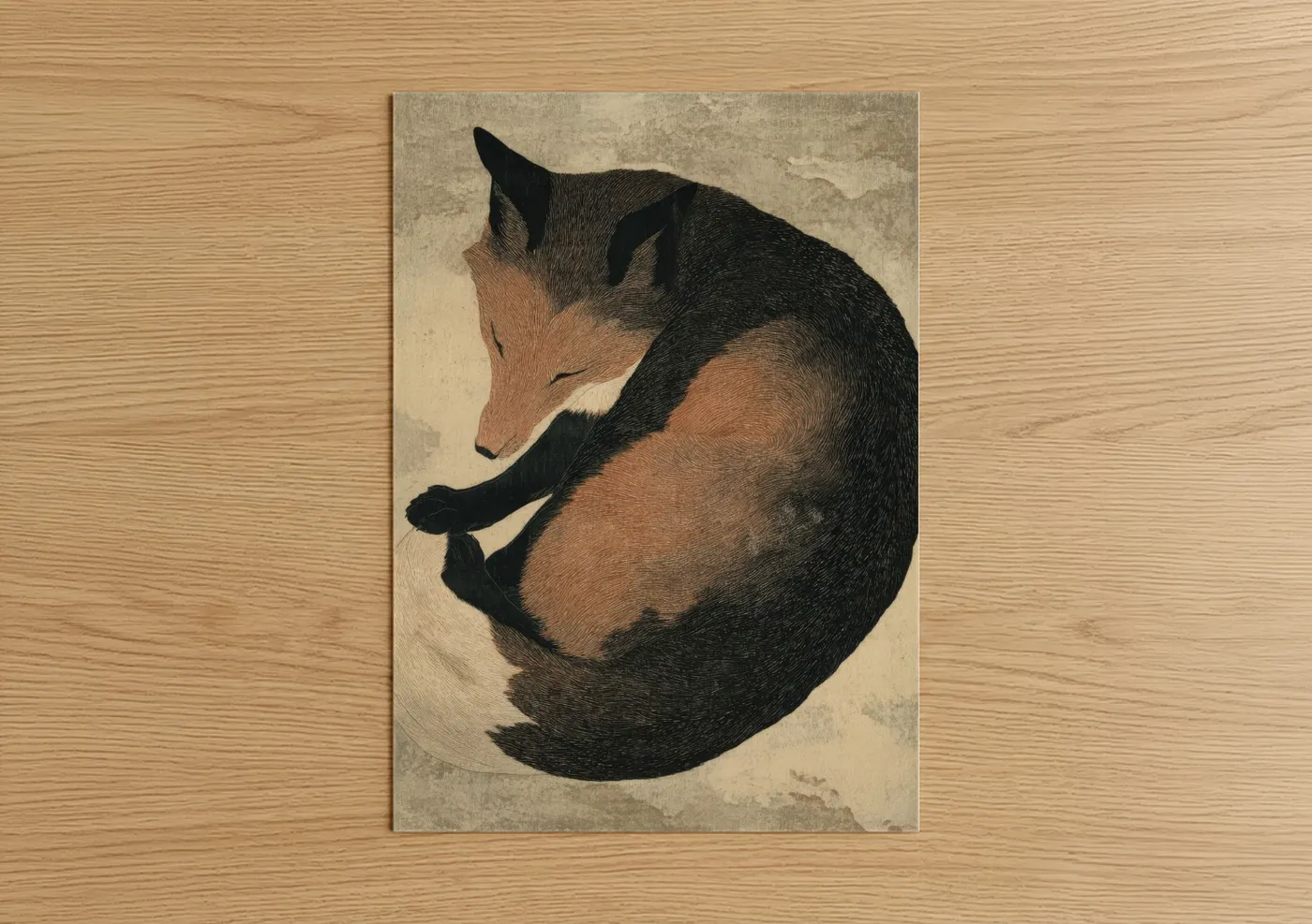 Curled Fox Resting Vintage Wall Art
