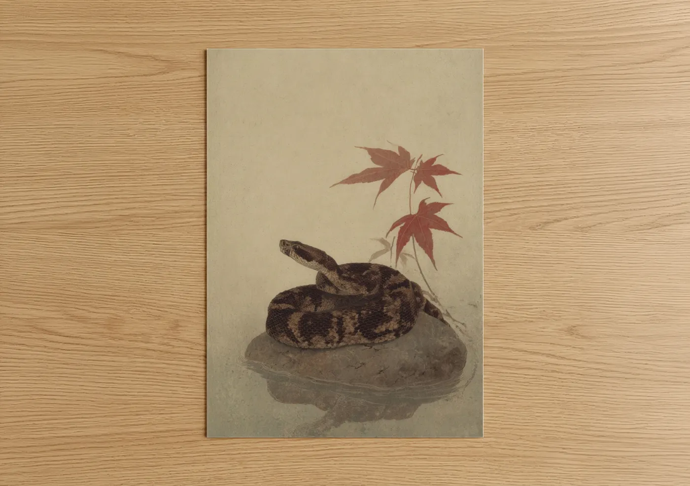 Art print on warm oak wood — brown and cream palette — Coiled Rattlesnake poster