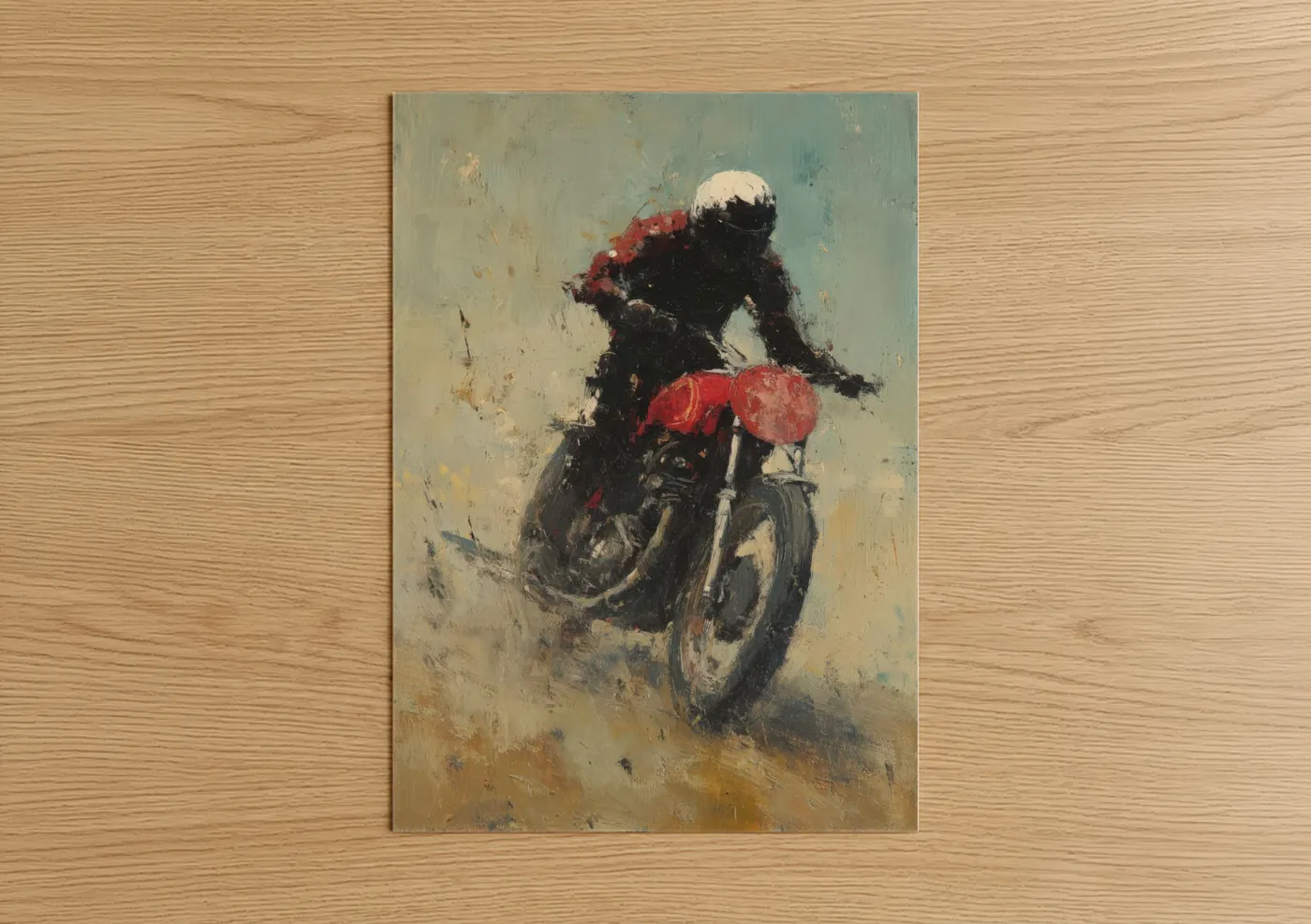 Vintage motorcycle art print on warm oak wood — sage green and cream palette — Snowy Rider poster