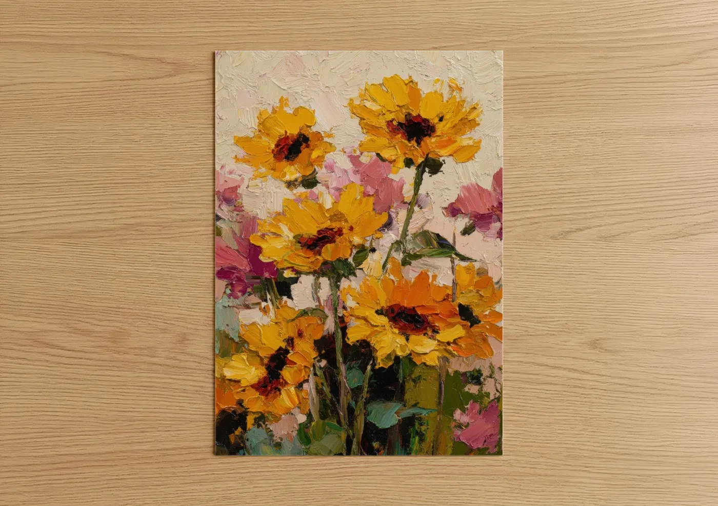 Sunflower field art print on warm oak wood — yellow gold and pink palette — Golden Sunflower Blooms poster