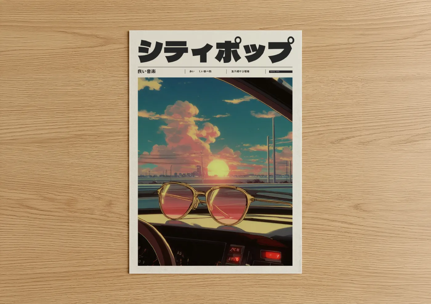Retro Sunset Anime Car Aesthetic Wall Art