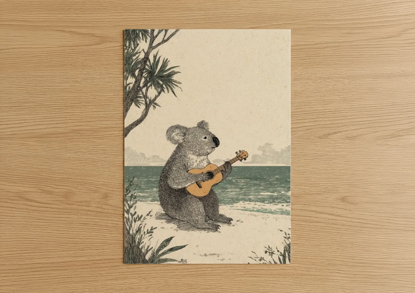 Art print on warm oak wood — cream and sage green palette — Musical Koala poster