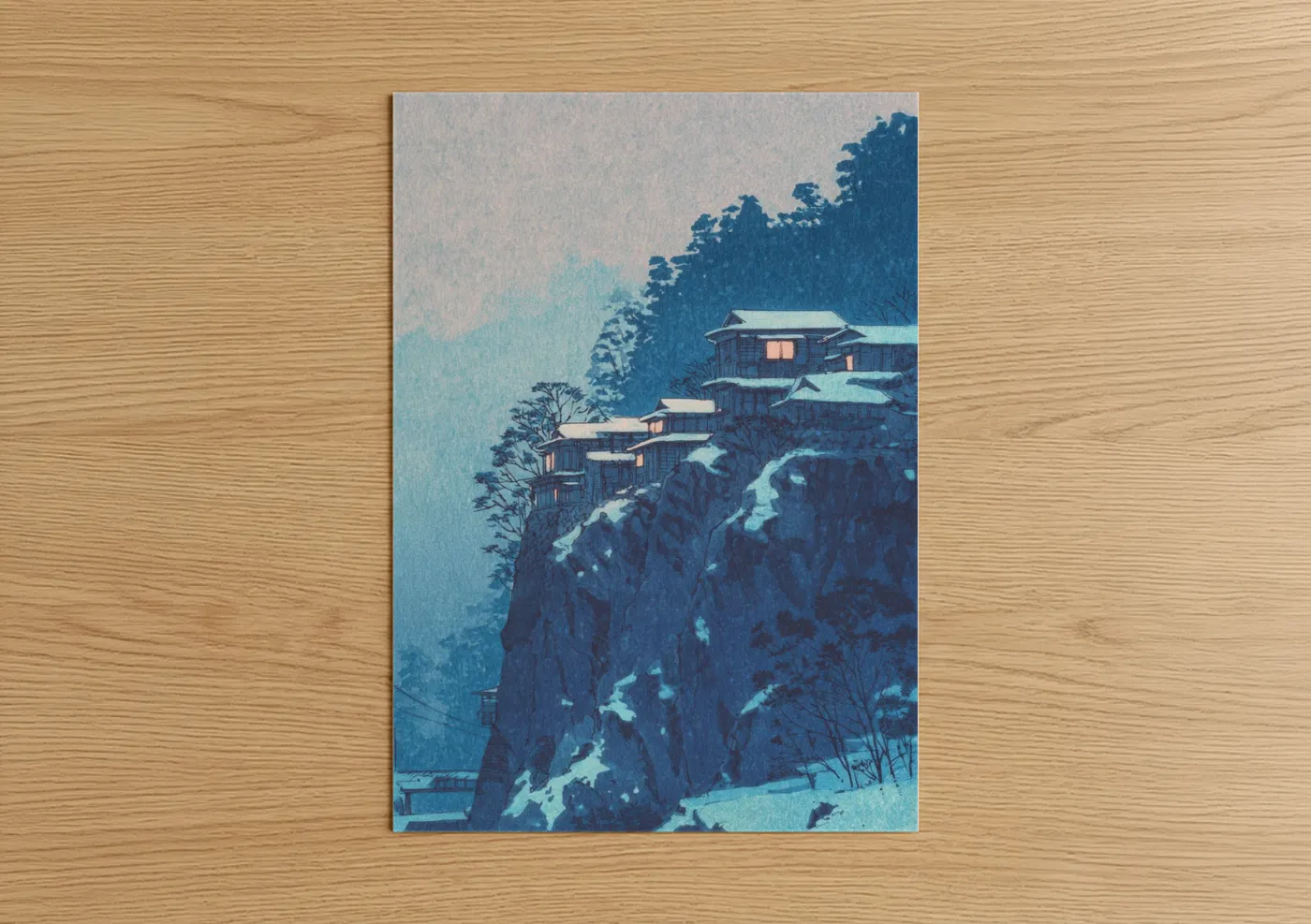 Art print on warm oak wood — blue and white palette — Snowy Cliff Temple poster