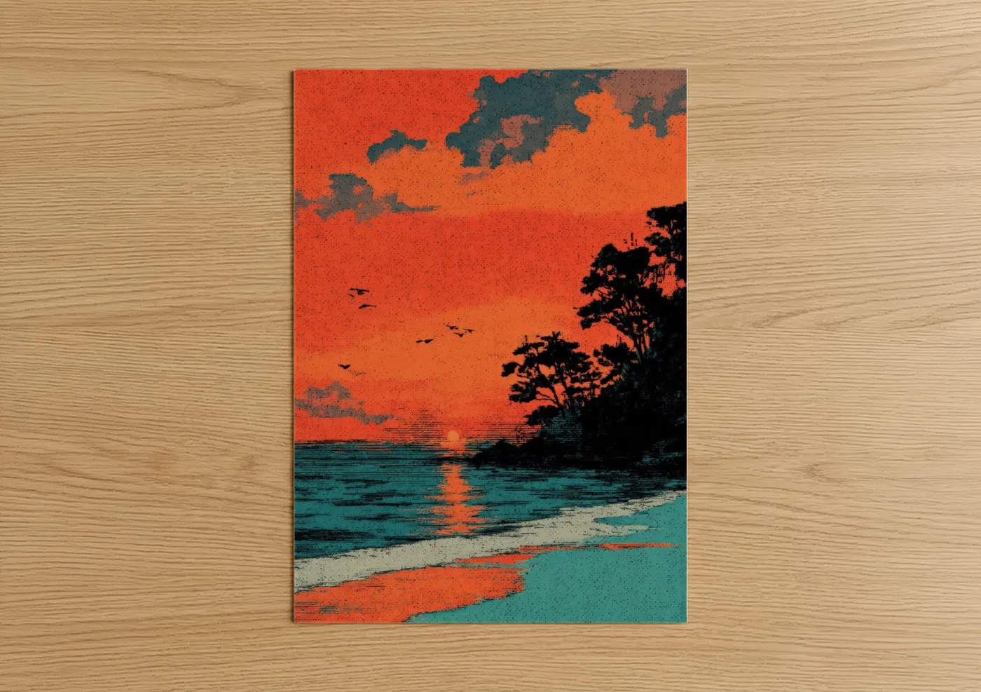 Beach sunrise and sunsets art print on warm oak wood — orange and teal palette — Crimson Sunset Beach poster