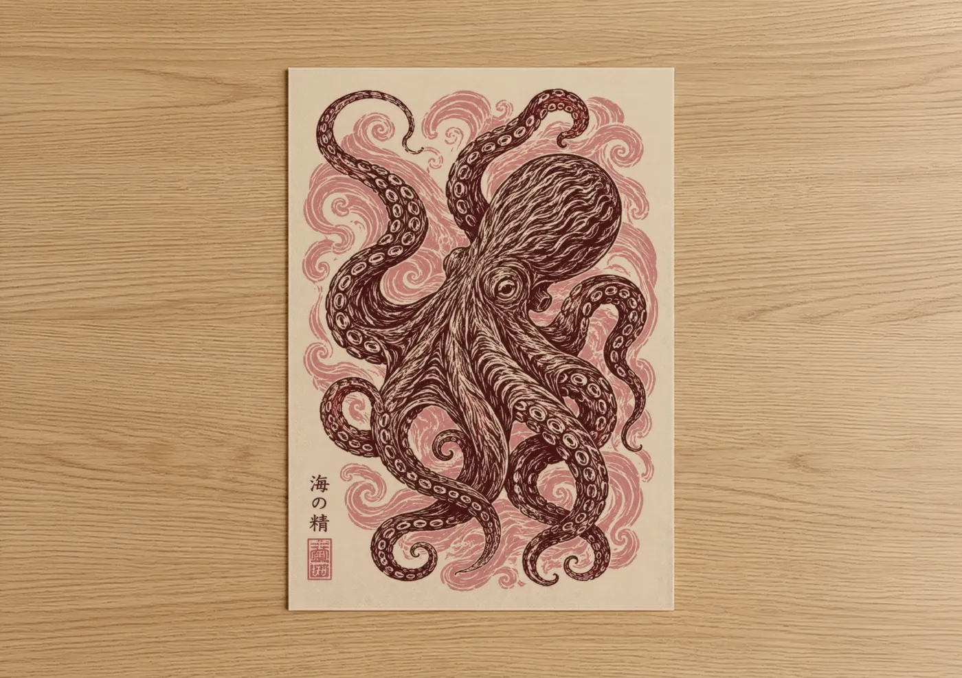 Art print on warm oak wood — salmon pink and maroon palette — Japanese Octopus Line Art Wall Art poster