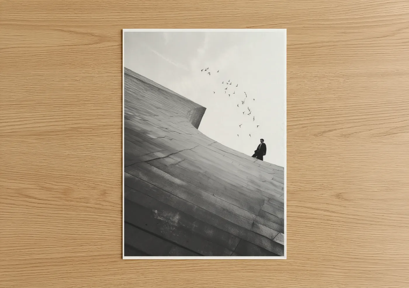 Abstract architecture art print on warm oak wood — black and white and gray palette — Solitary Contemplation poster