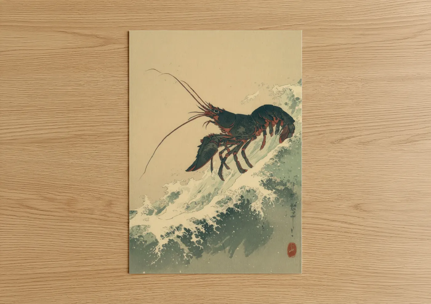 Art print on warm oak wood — teal and cream palette — Wave Lobster poster