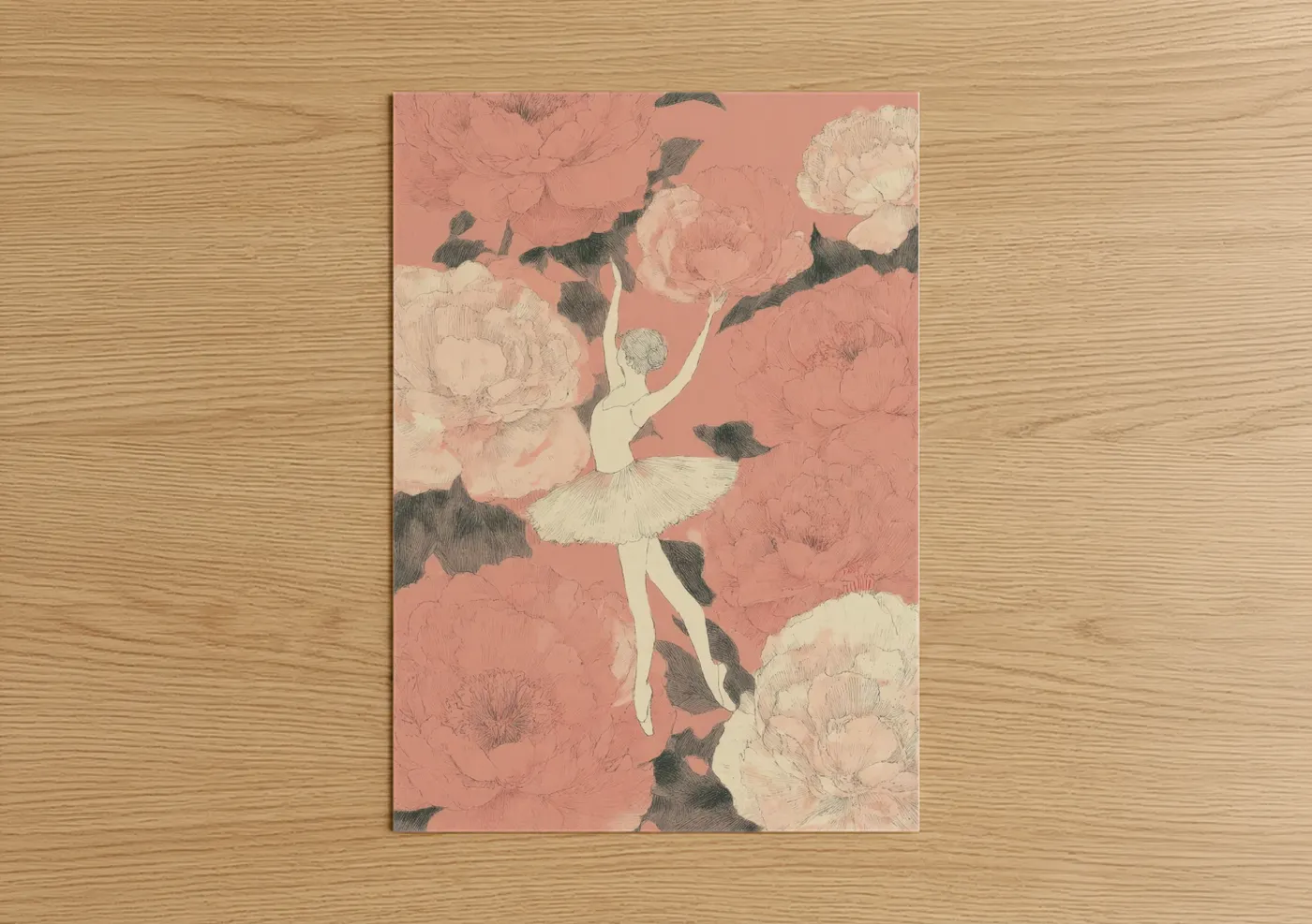 Art print on warm oak wood — peach and cream palette — Peony Ballet poster