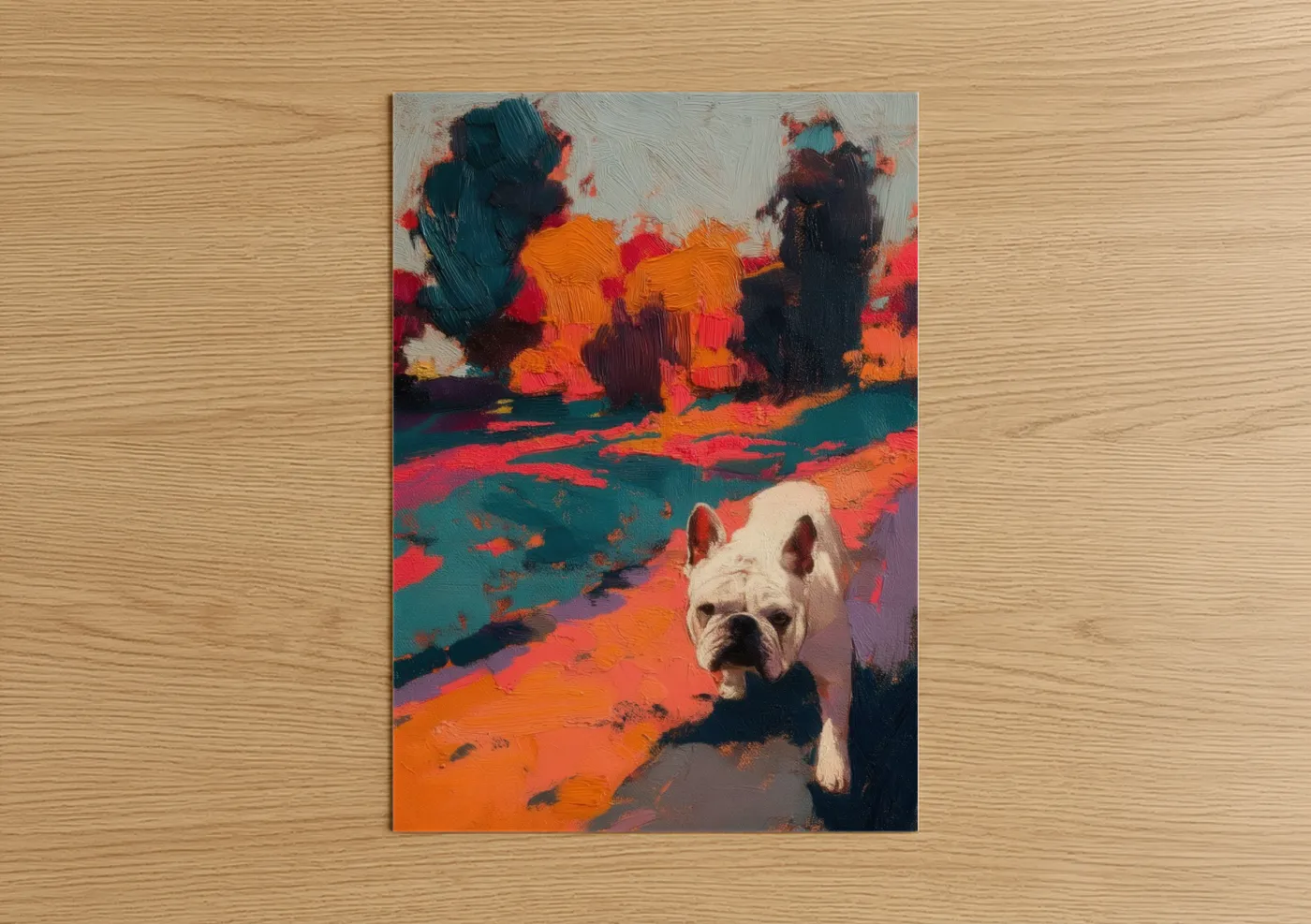 Art print on warm oak wood — orange and teal palette — Colorful Bulldog poster