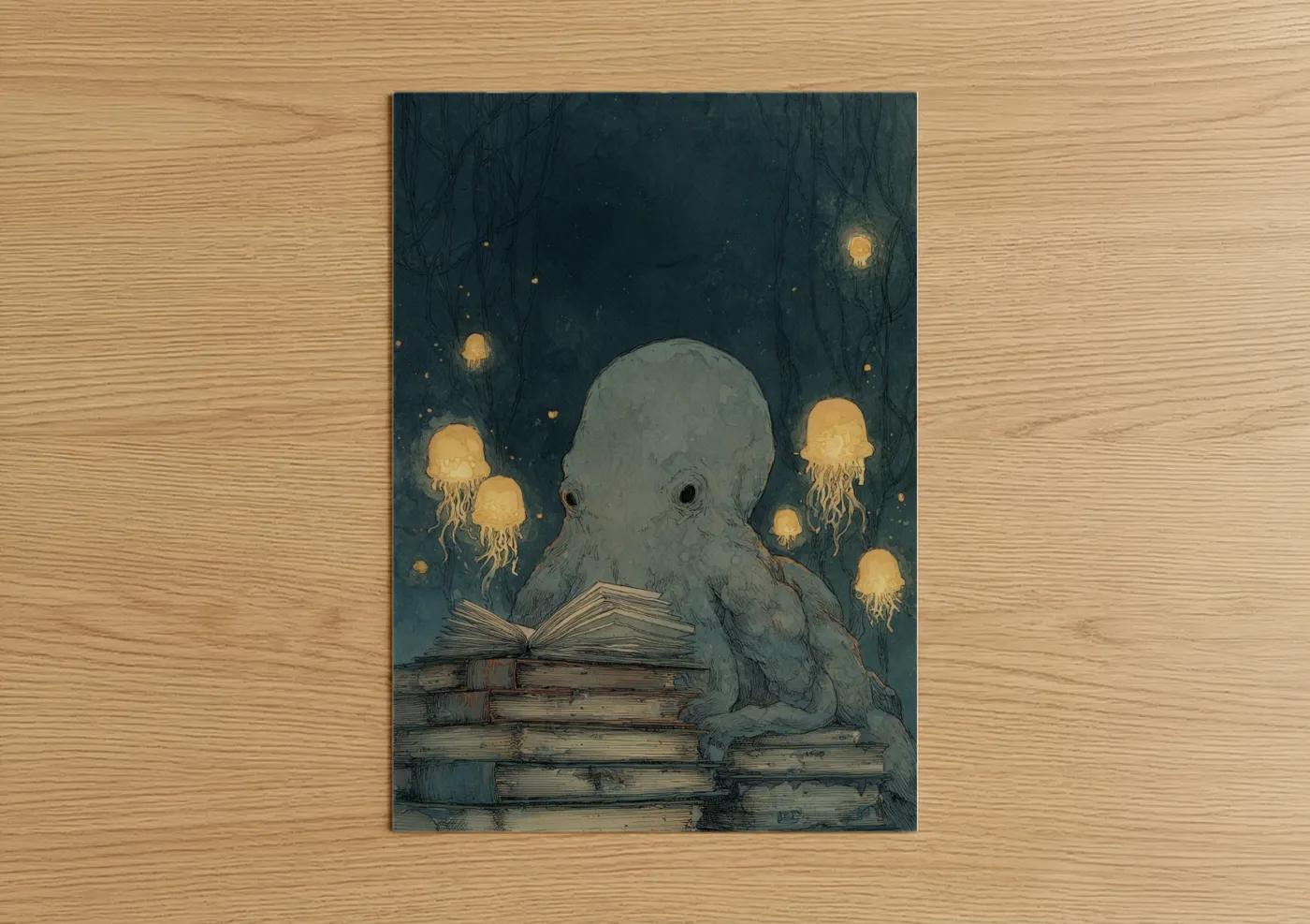 Octopus Reading Books Jellyfish Night Wall Art