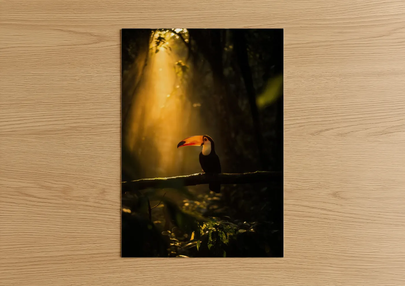 Art print on warm oak wood — gold and black palette — Golden Toucan poster