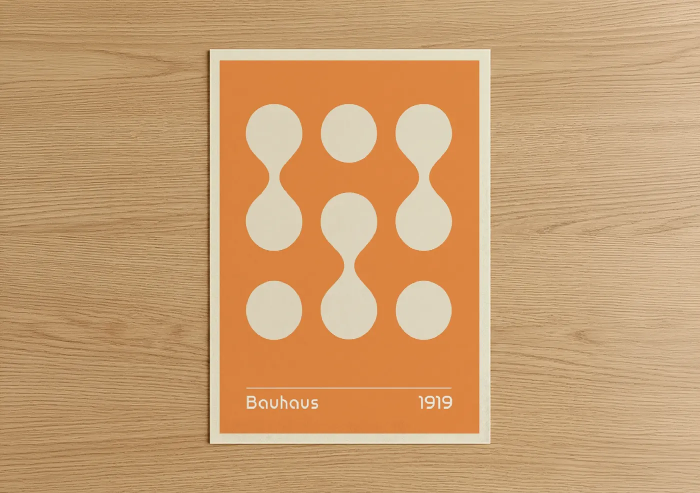 Abstract geometric art print on warm oak wood — orange and cream palette — Bauhaus Circles poster