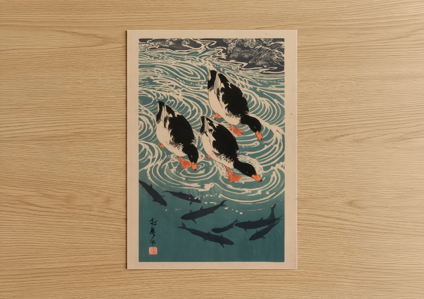 Art print on warm oak wood — teal and cream palette — Diving Ducks poster