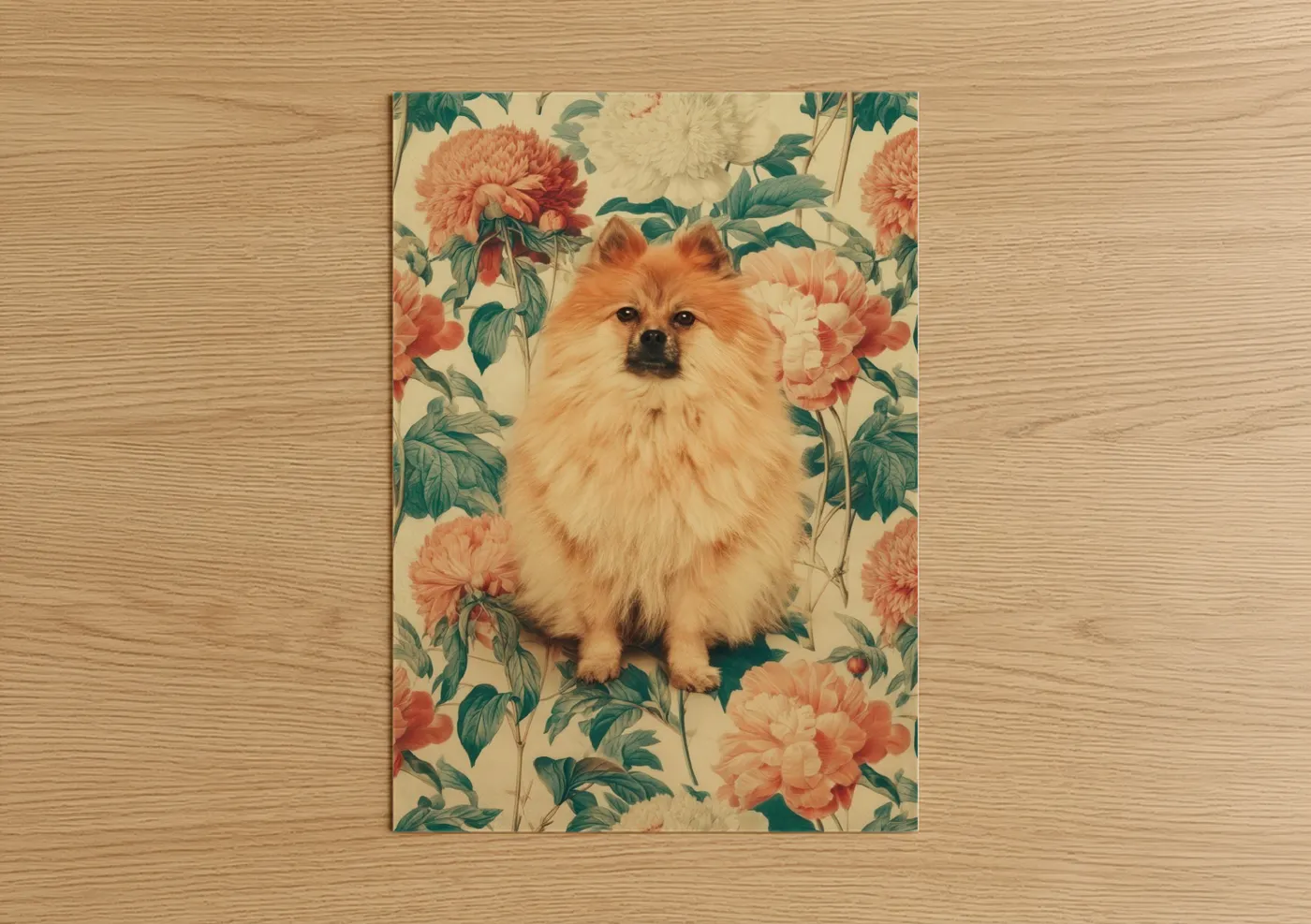 Cream Spitz Dog Floral Vintage Wall Art