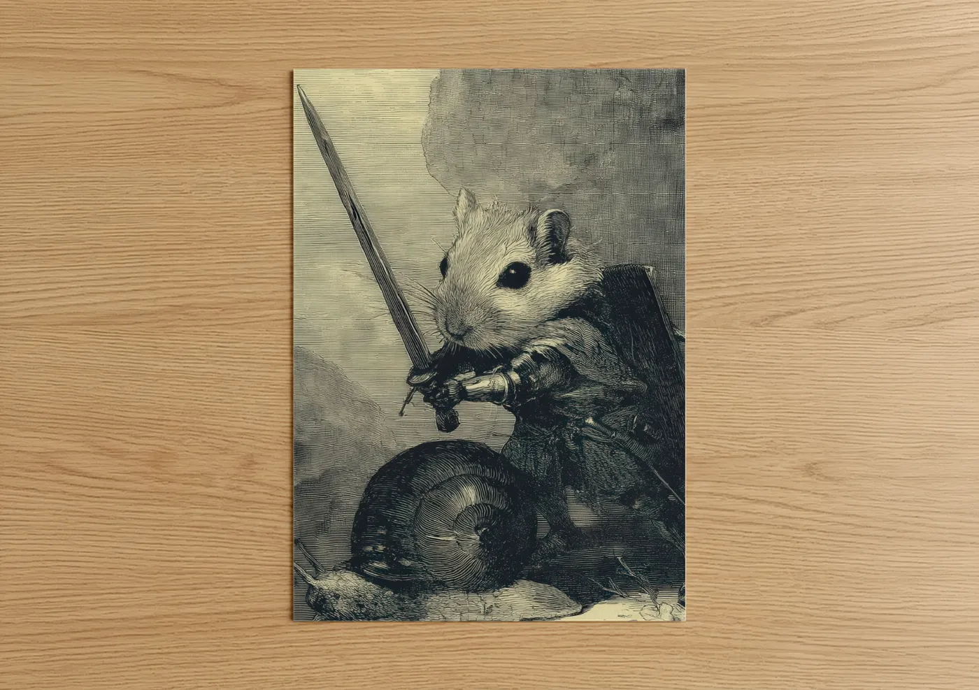 Art print on warm oak wood — black and white palette — Warrior Gerbil poster