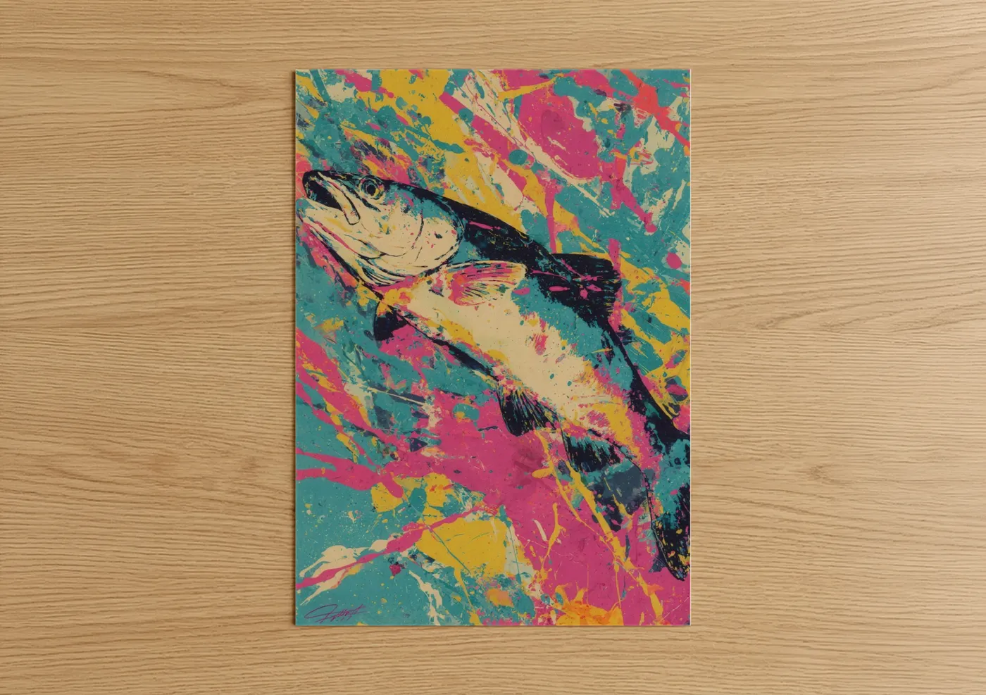Art print on warm oak wood — magenta and teal palette — Neon Snook poster