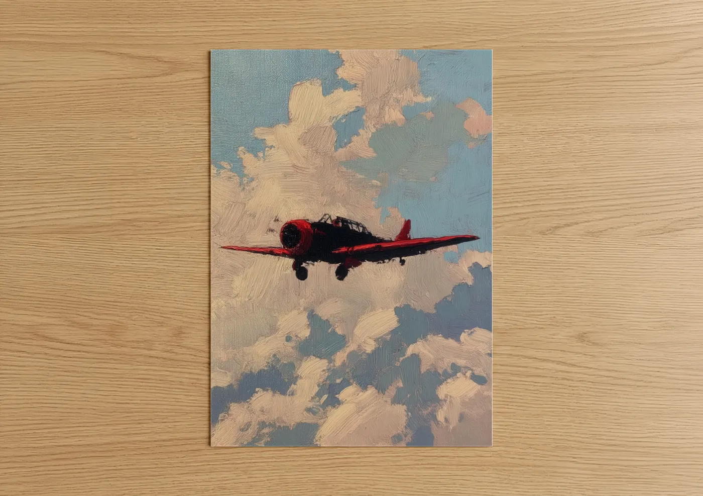Vintage airplane art print on warm oak wood — blue and red palette — Red Vintage Plane poster