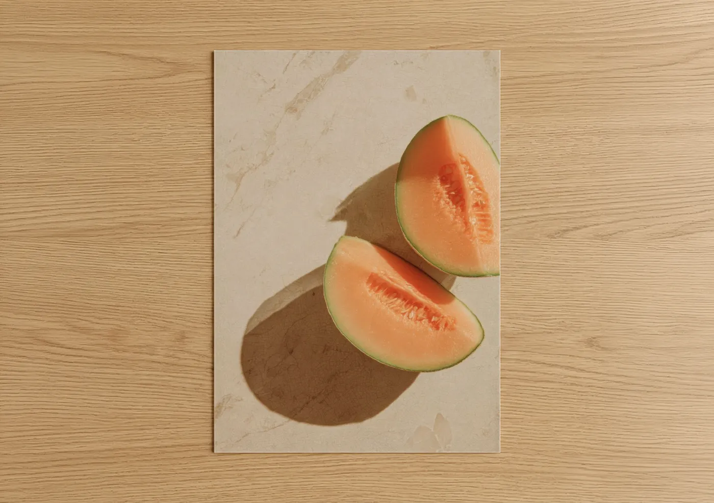 Fruit art print on warm oak wood — peach and sage green palette — Cantaloupe Halves poster