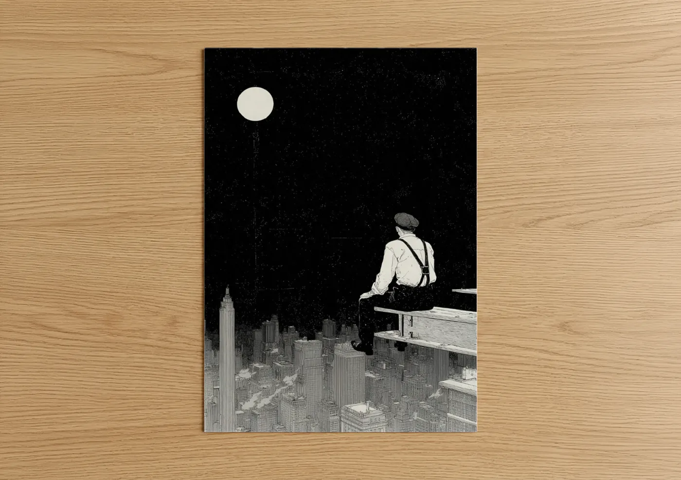 Labor day art print on warm oak wood — black and white palette — Rooftop Dreamer poster