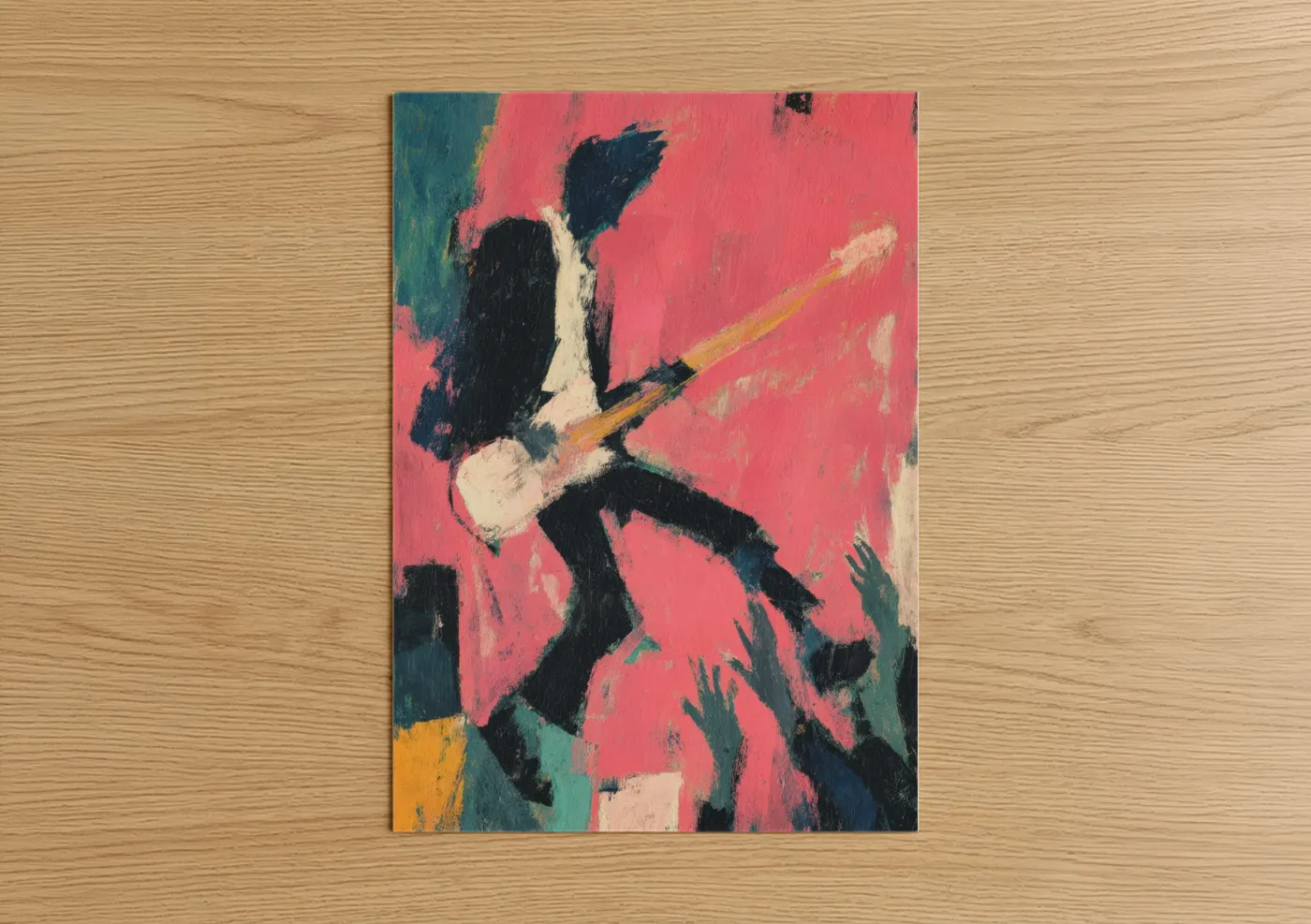 Bass guitar art print on warm oak wood — magenta and teal palette — Crimson Rock Guitarist poster