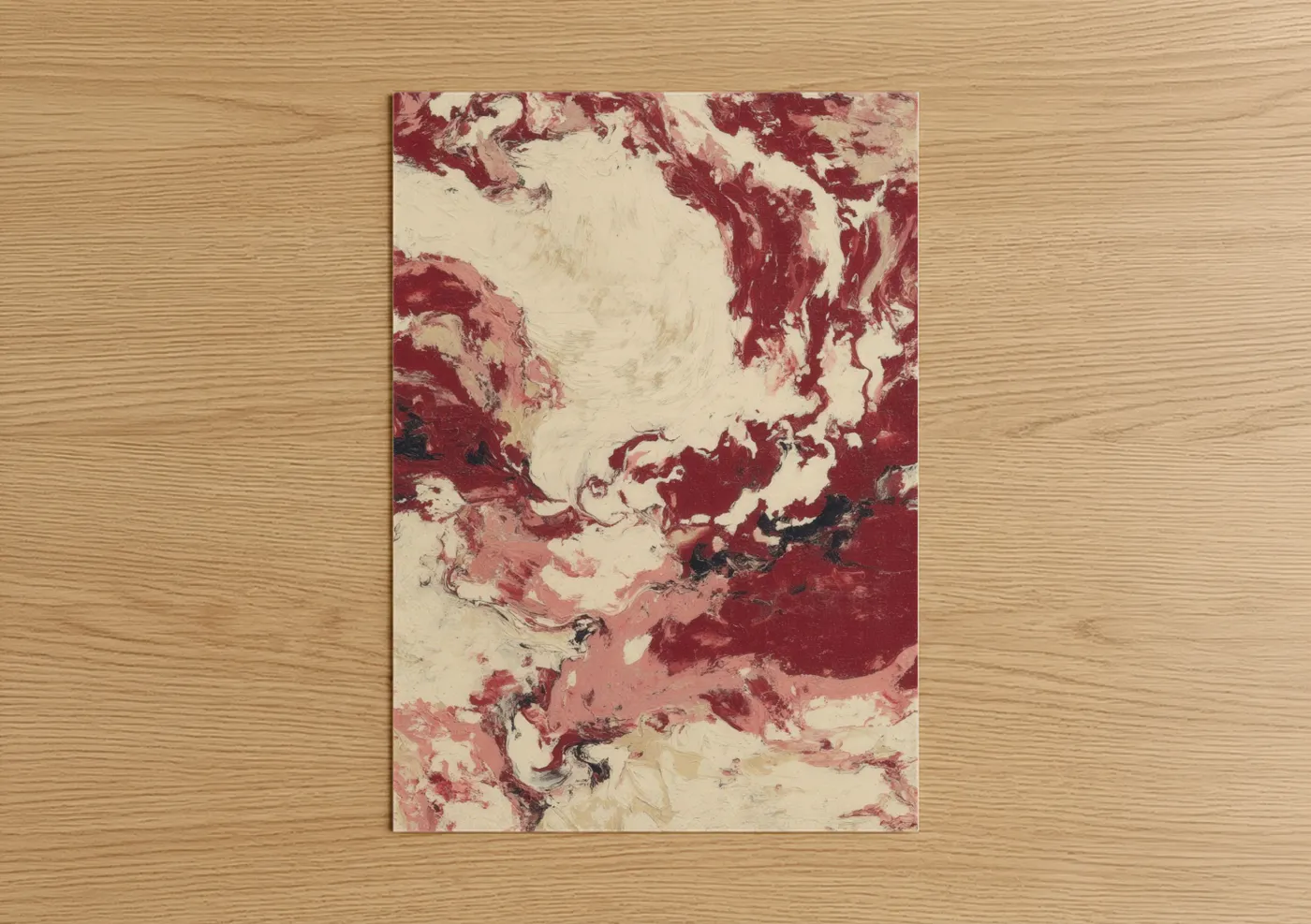 Art print on warm oak wood — maroon and cream palette — Crimson Marble Meat poster