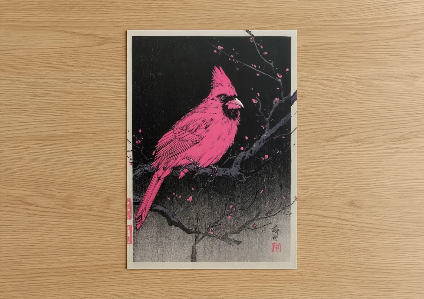 Magenta Cardinal Woodblock Print Wall Art