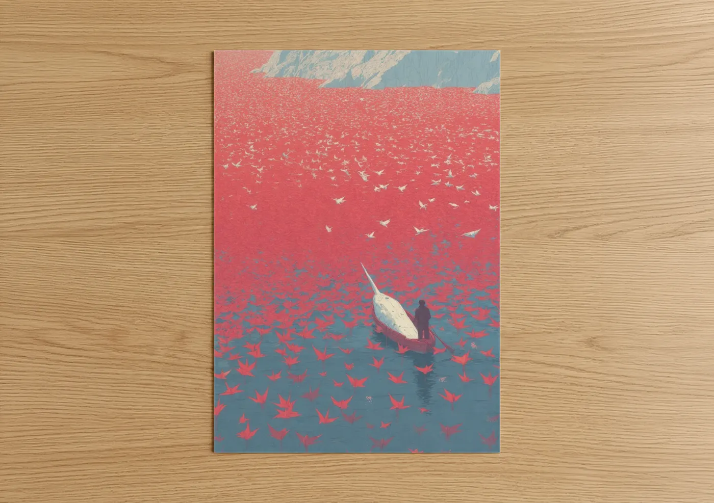 Art print on warm oak wood — salmon pink and teal palette — Crimson Narwhal poster