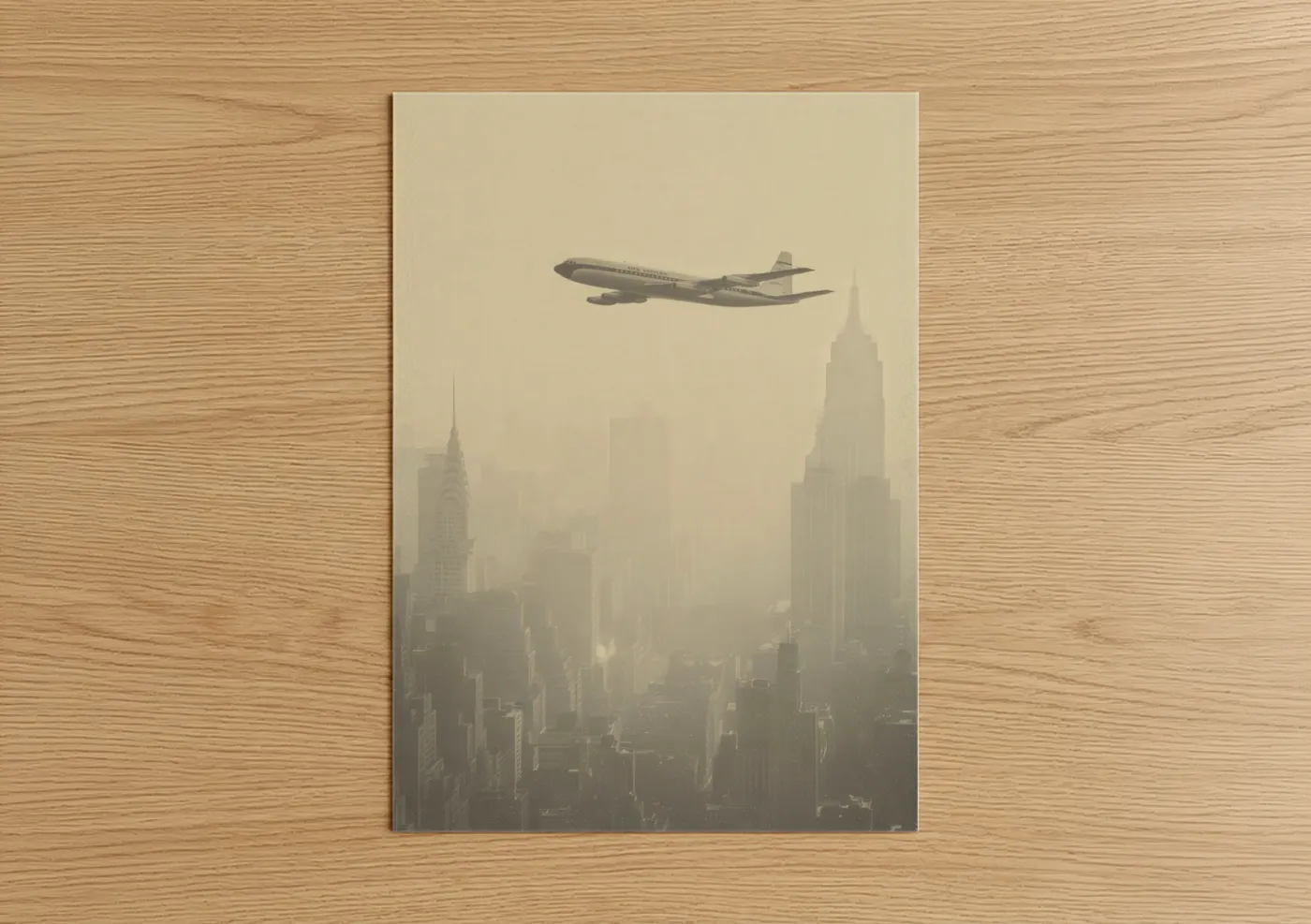 Commercial plane art print on warm oak wood — cream and gray palette — Manhattan Flyover poster