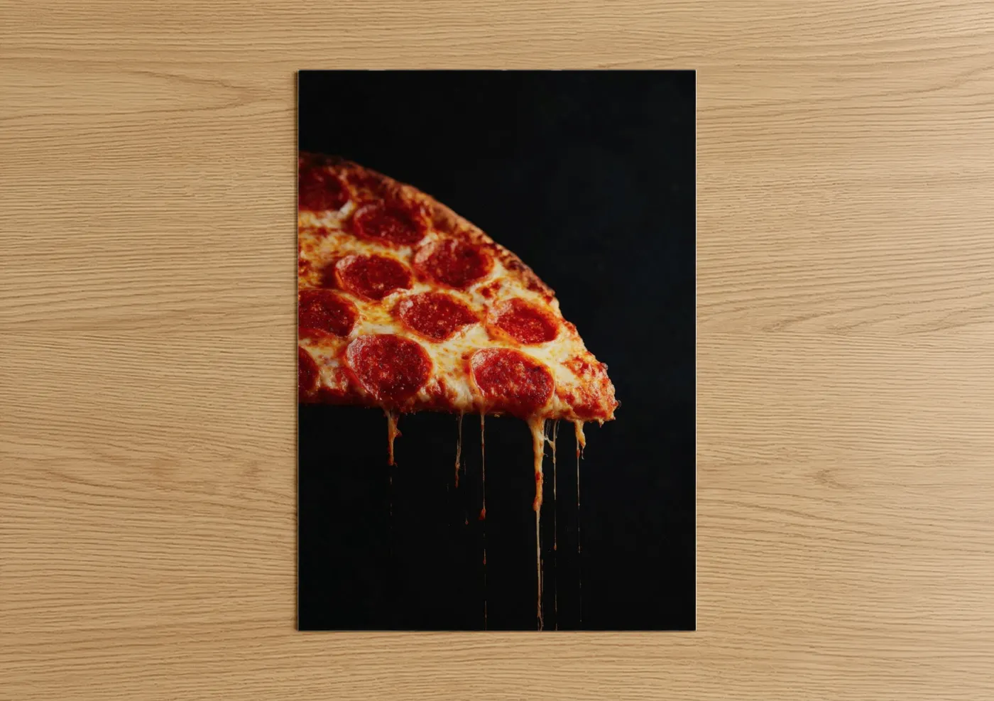 Fast food art print on warm oak wood — red and gold palette — Melting Pepperoni poster
