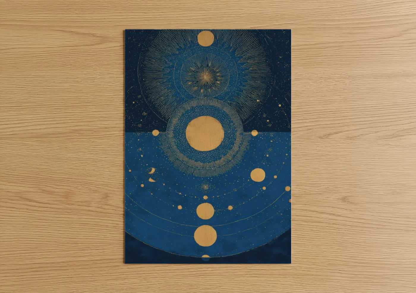 Buddhism art print on warm oak wood — dark blue and yellow gold palette — Celestial Mandala poster