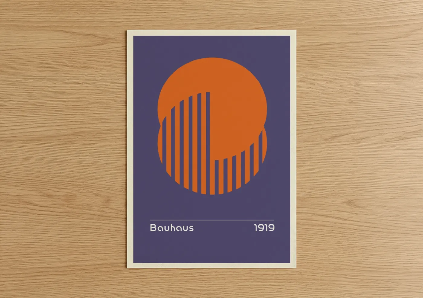 Abstract geometric art print on warm oak wood — orange and purple palette — Bauhaus Geometric poster