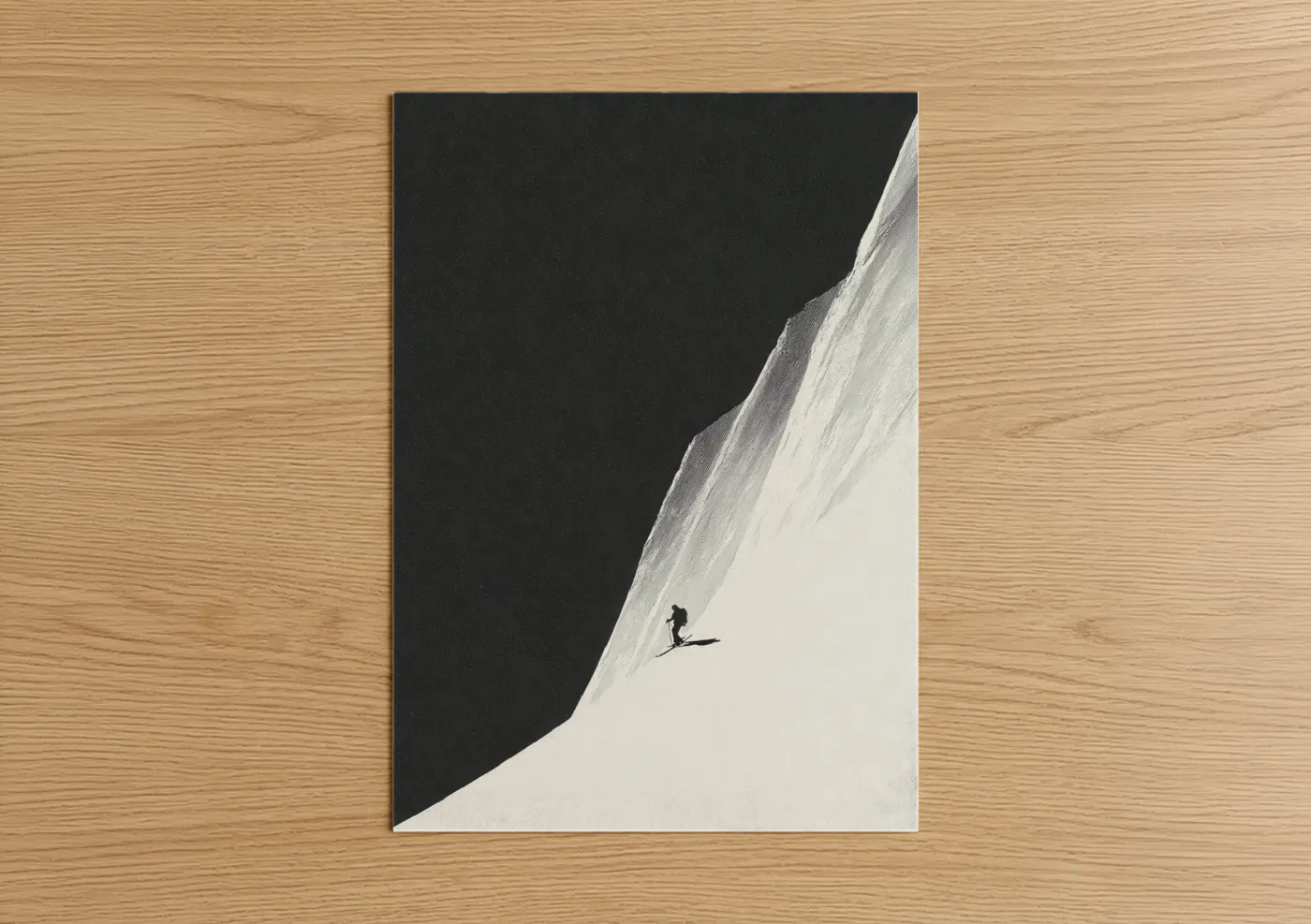 Skiing art print on warm oak wood — black and white palette — Alpine Descent poster