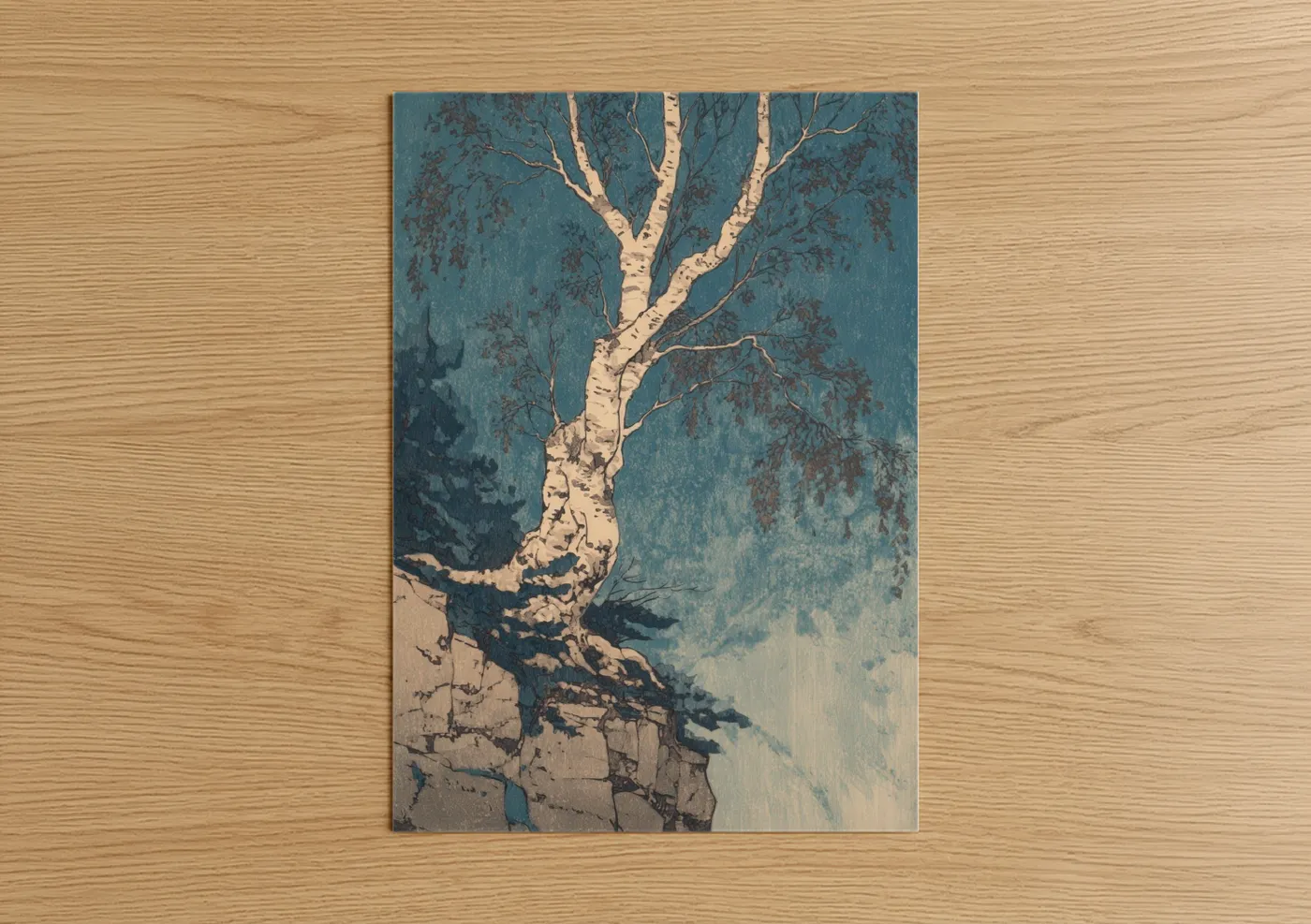Birch tree art print on warm oak wood — teal and cream palette — Solitary Birch poster