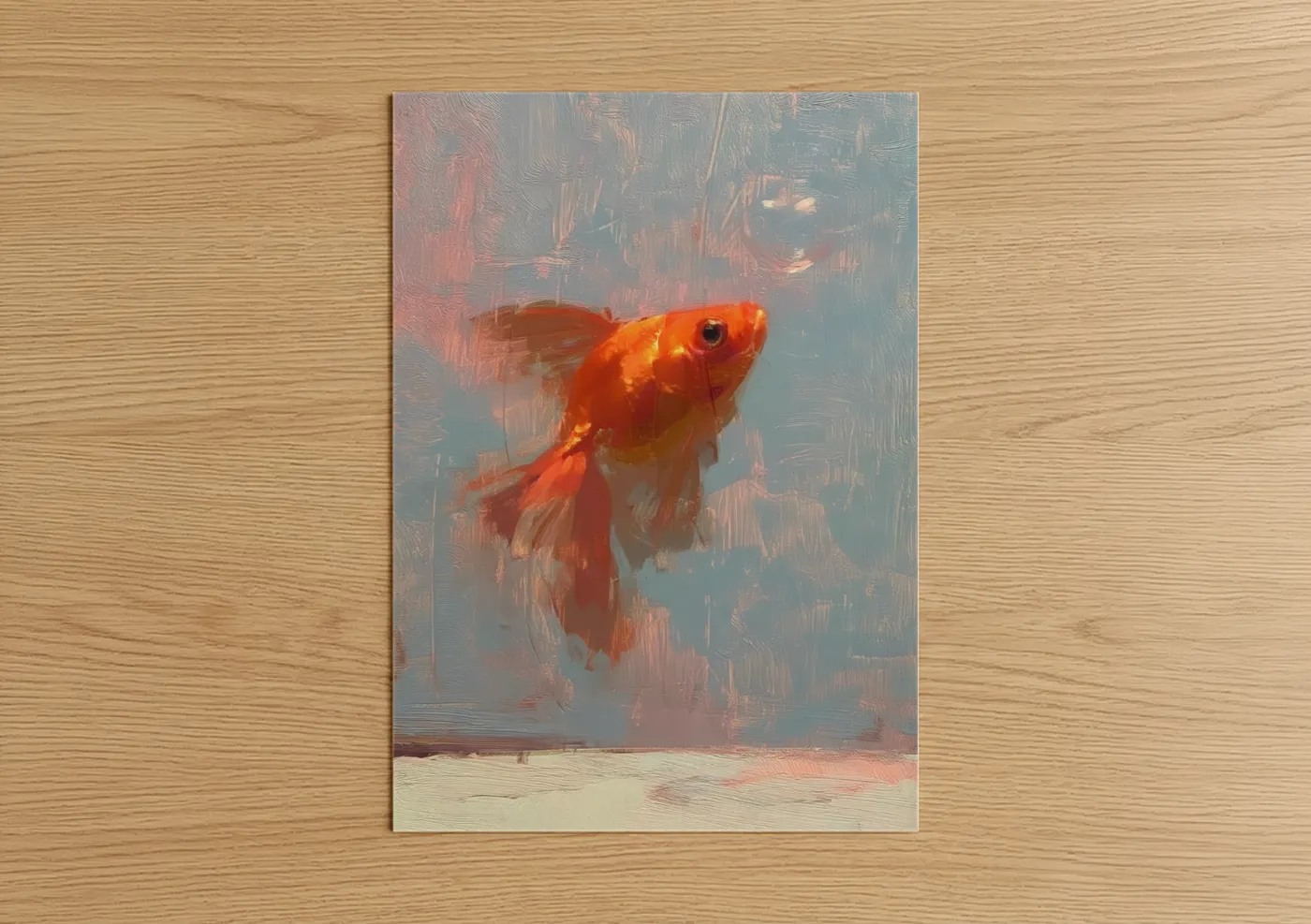 Art print on warm oak wood — red and blue palette — Crimson Goldfish poster