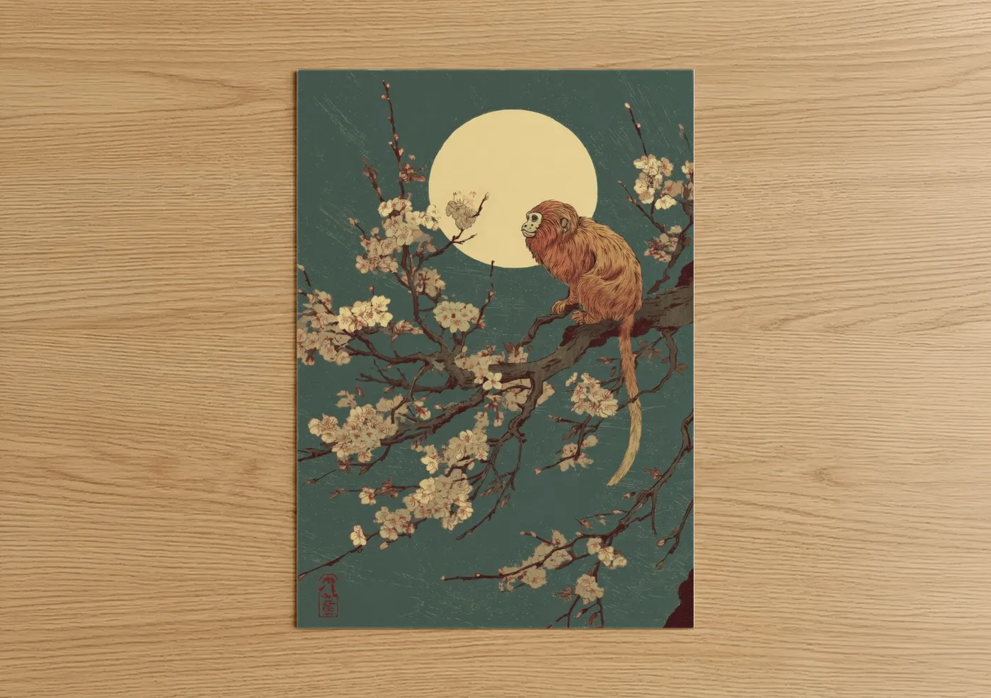 Art print on warm oak wood — cream and bermuda gray palette — Moonlit Monkey poster