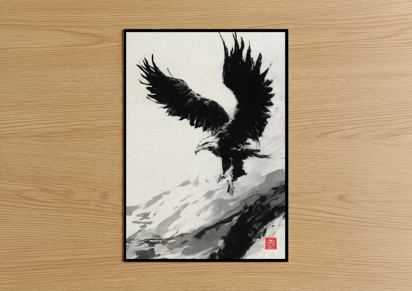Art print on warm oak wood — black and white palette — Descending Eagle poster